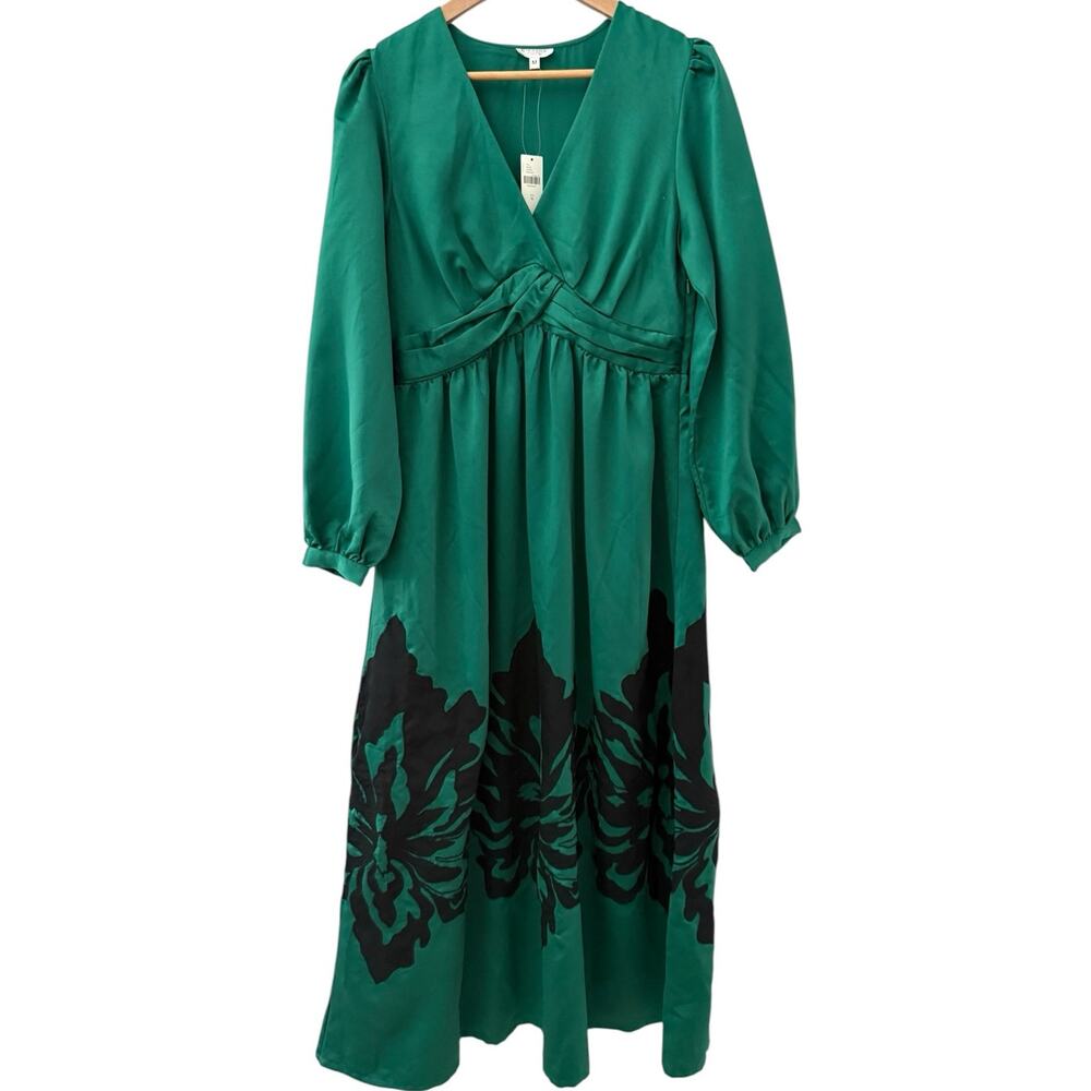 Anthropologie x Nikasha Embroidered Satin Maxi Dress Emerald Green Size Medium - Picture 5 of 12